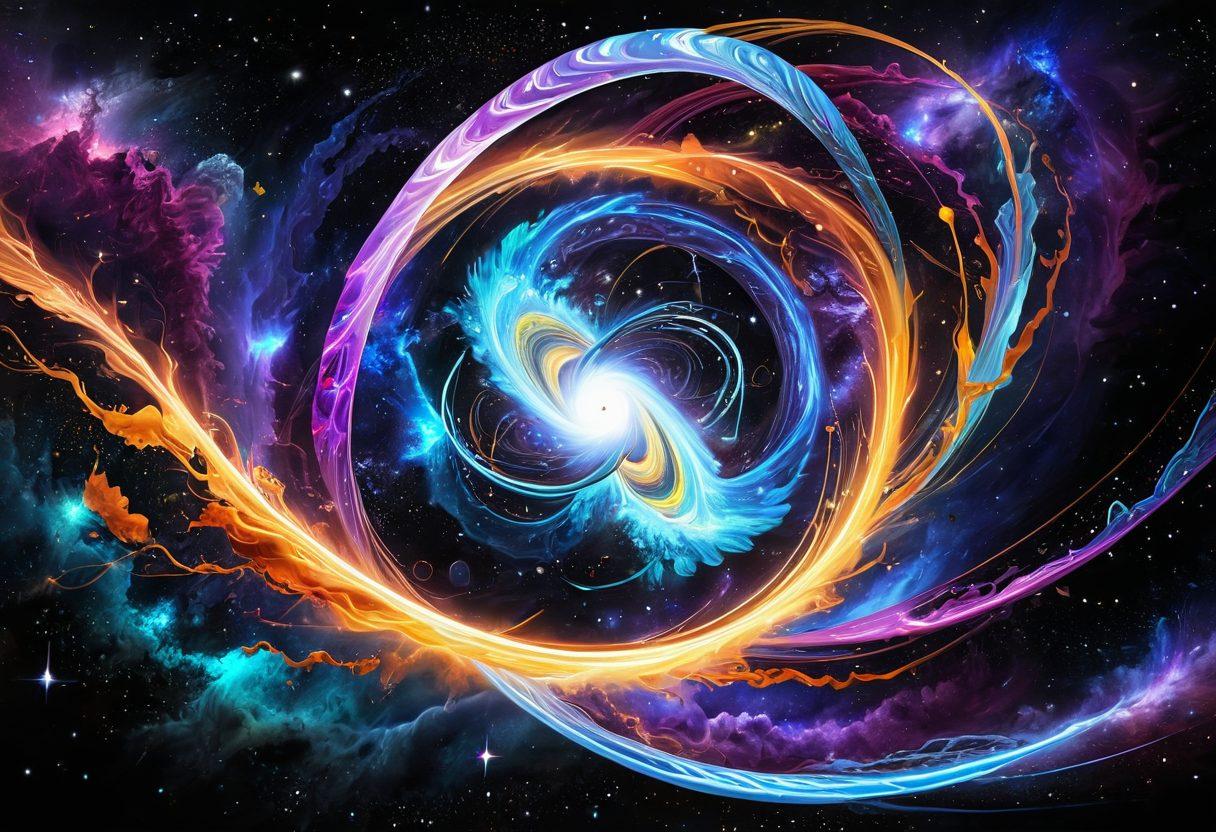 Create a dynamic collage depicting the connection between quantum energy and celestial dynamics. Showcase vibrant galaxies, intricate atomic structures, and flowing electric currents intertwining in a cosmic dance. Incorporate elements of light and energy waves to symbolize the Electric Universe Theory, with a dark starry background highlighting the bright colors. Capture the essence of science and wonder in this celestial visualization. super-realistic. vibrant colors. cosmic theme.